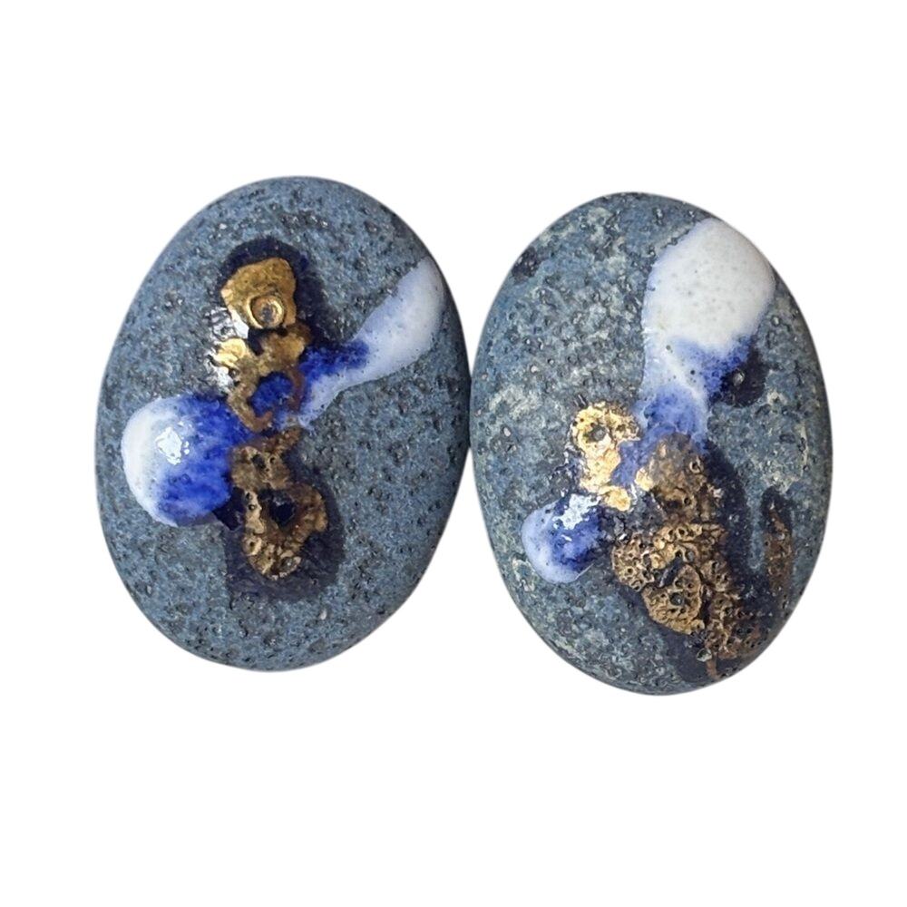 Vintage Handmade Studio Pottery Clip On Earrings Blue Gold Abstract Ceramic Art